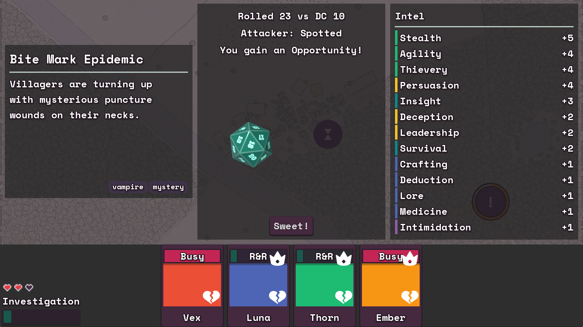 Curious Company in the Godot editor, showing the dispatch board where players assign heroes to quests